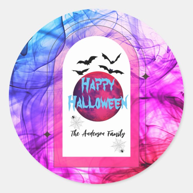 Black Purple Pink Bats Family Name Happy Halloween Classic Round Sticker (Front)