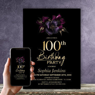 Black Purple Pink Floral 100th Birthday Party Invitation