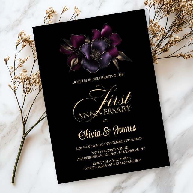 Black Purple Pink Floral 1st Wedding Anniversary Invitation (Creator Uploaded)