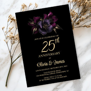 Black Purple Pink Floral 25th Anniversary Invitation