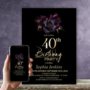Black Purple Pink Floral 40th Birthday Party Invitation