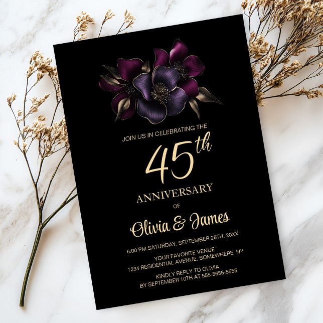 Black Purple Pink Floral 45th Anniversary Invitation (Creator Uploaded)