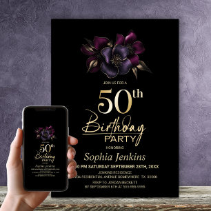 Black Purple Pink Floral 50th Birthday Party Invitation