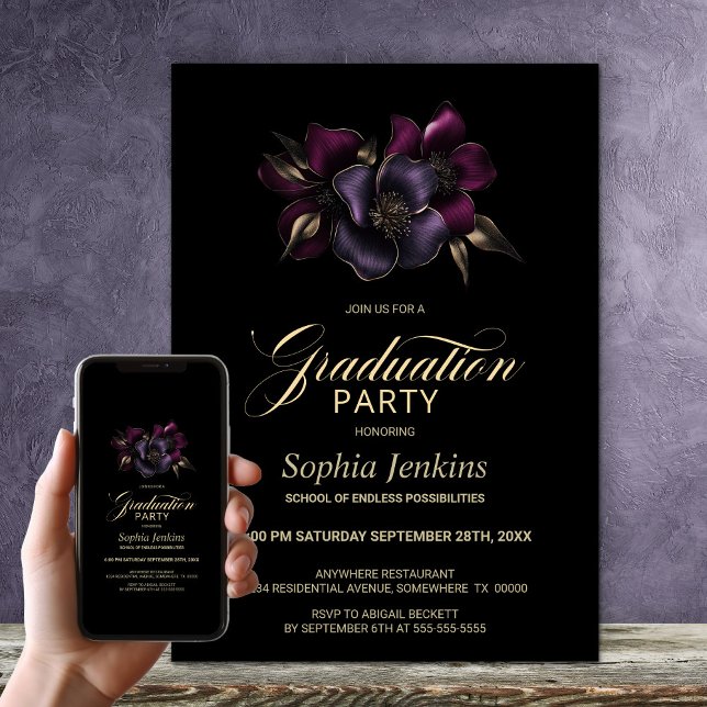 Black Purple Pink Floral Graduation Party Invitation (Creator Uploaded)