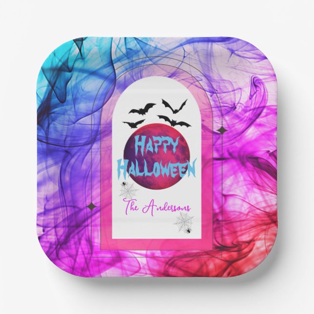 Black Purple Pink Spider Web Bats Happy Halloween Paper Plate (Front)