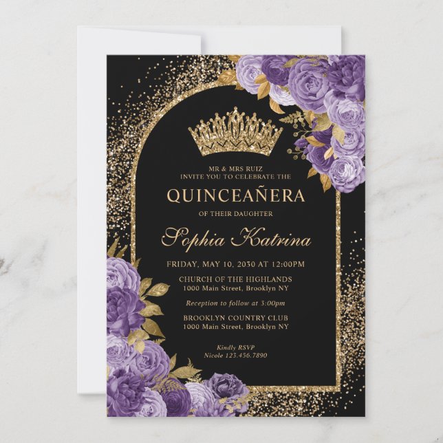 Black Purple Plum Gold Glitter Floral Quinceanera Invitation (Front)