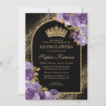 Black Purple Plum Gold Glitter Floral Quinceanera
