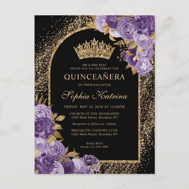 Black Purple Plum Gold Glitter Floral Quinceanera Invitation Postcard (Front)