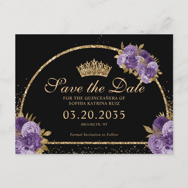 Black Purple Plum Gold Glitter Floral Quinceanera Postcard (Front)