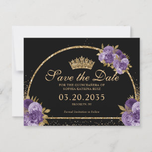 Black Purple Plum Gold Glitter Floral Quinceanera Postcard