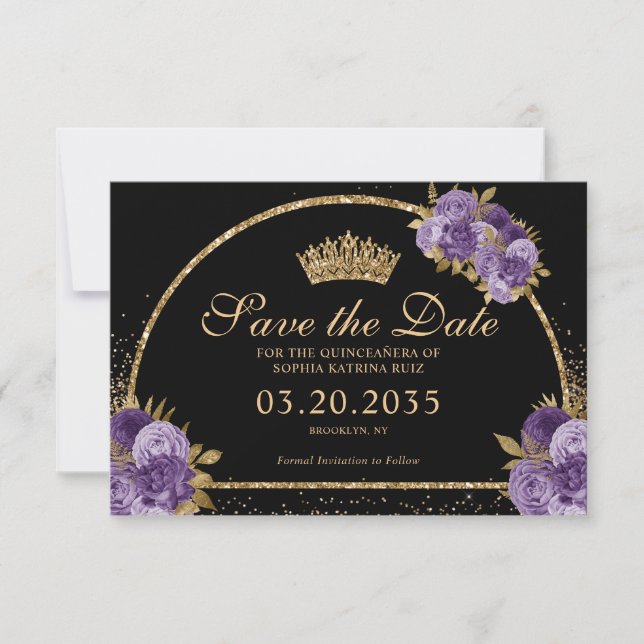 Black Purple Plum Gold Glitter Floral Quinceanera Save The Date (Front)