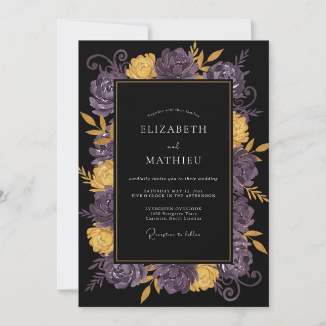Black Purple Ranunculus Eucalyptus Wedding Invitation (Front)