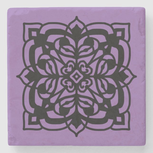 Black, Purple Renaissance Inspired Floral Design Stone Coaster (Front)