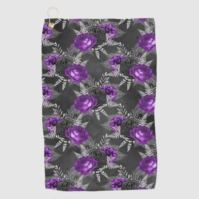 Black Purple Rose Elegant Silver Leaves Garden Golf Towel (Front)