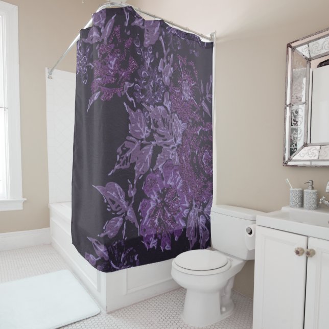 BLACK PURPLE ROSE SPRING FLORAL PATTERN SHOWER CURTAIN (In Situ)