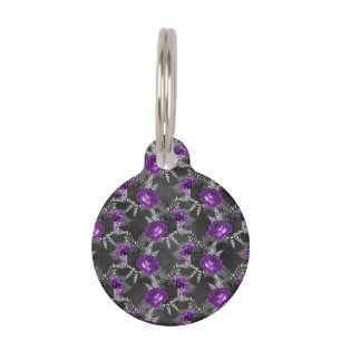 Black Purple Roses Silver Leaves Dark Garden Pet Tag