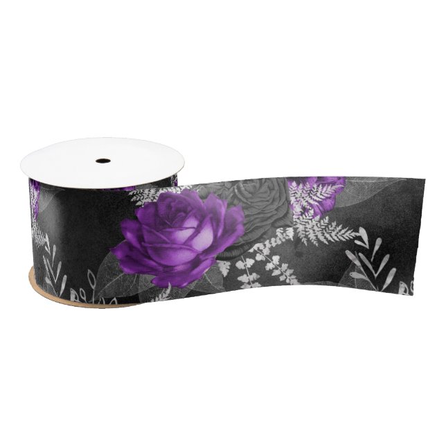Black Purple Roses Silver Leaves Dark Garden Satin Ribbon (Spool)