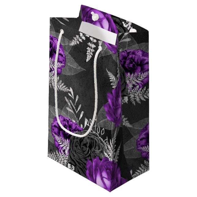 Black Purple Roses Silver Leaves Dark Garden Small Gift Bag (Front Angled)