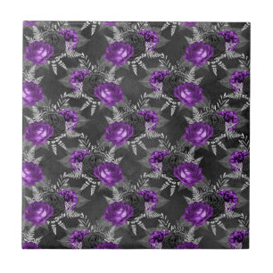 Black Purple Roses Silver Leaves Dark Garden Tile