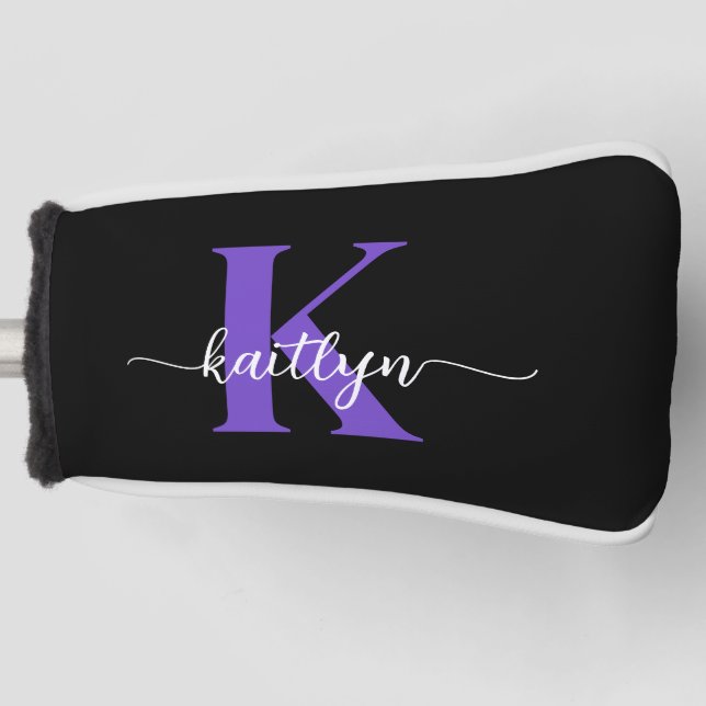 Black Purple Script Monogram Golf Head Cover (Front)