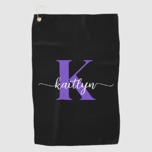 Black Purple Script Monogram Golf Towel