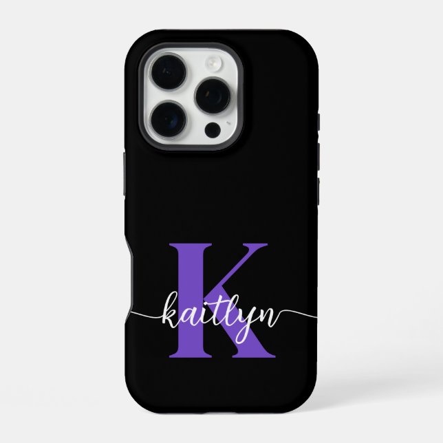 Black Purple Script Monogram iPhone Case (Back)