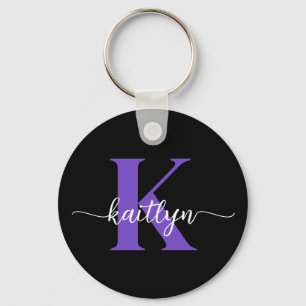 Black Purple Script Monogram Key Ring