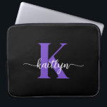 Black Purple Script Monogram Laptop Sleeve<br><div class="desc">This simple,  elegant 15" black laptop sleeve with your first name in a trendy script font in white and your first initial in a modern cap font in purple is perfect for you.  It's stylish and trendy and yet very classic. It's unique - like you!</div>