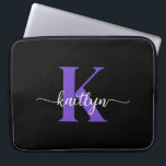 Black Purple Script Monogram Laptop Sleeve<br><div class="desc">This simple,  elegant 15" black laptop sleeve with your first name in a trendy script font in white and your first initial in a modern cap font in purple is perfect for you.  It's stylish and trendy and yet very classic. It's unique - like you!</div>