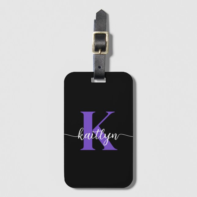 Black Purple Script Monogram Luggage Tag (Front Vertical)