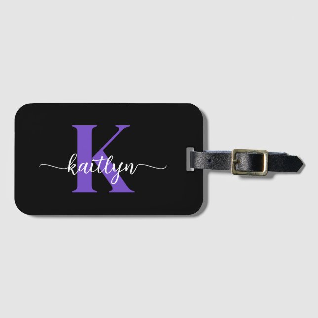 Black Purple Script Monogram Luggage Tag (Front Horizontal)