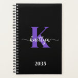 Black Purple Script Monogram Planner<br><div class="desc">This simple, elegant black 5.5 x 8.5 soft planner with your first name in a trendy script font in white and your first initial in a modern cap font in purple is perfect for you. It's stylish and trendy and yet very classic. It will make keeping appointments, meetings, deadlines, homework...</div>