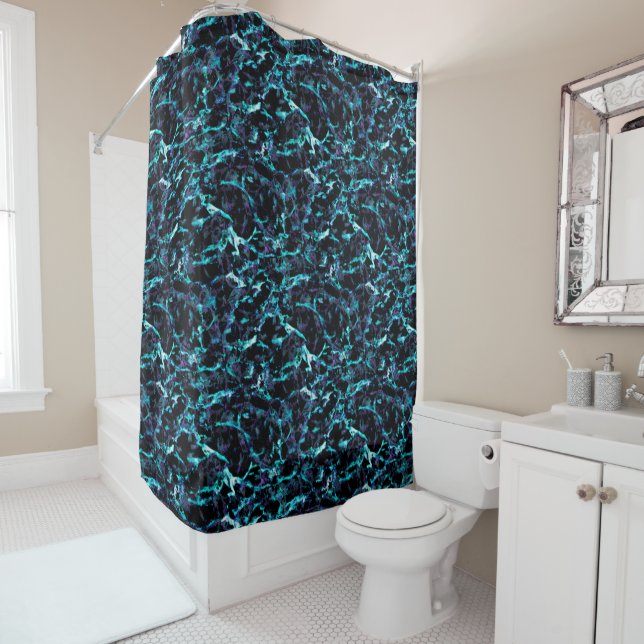 Black Purple & Shocking Electric Aqua Blue Shower Curtain (In Situ)