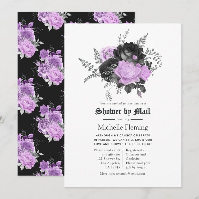 Black Purple & Silver Floral Bridal Shower by Mail Invitation (Front/Back)