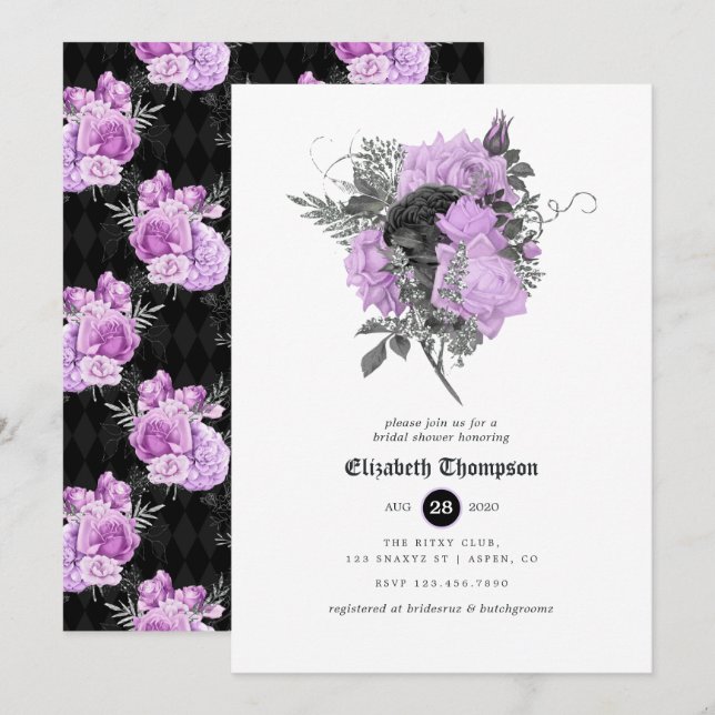 Black, Purple & Silver Floral Gothic Bridal Shower Invitation (Front/Back)
