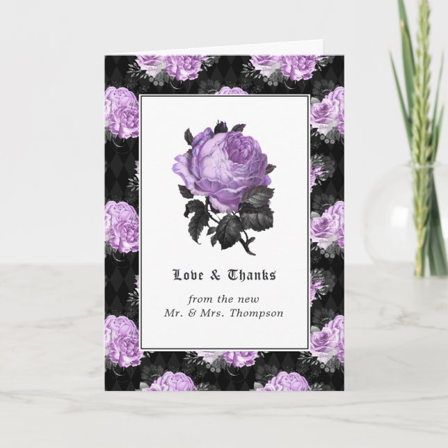 Black, Purple & Silver Floral Gothic Wedding Photo Thank You Card (Front)