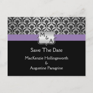 Black Purple Silver Monogram Damask Save The Date Announcement Postcard