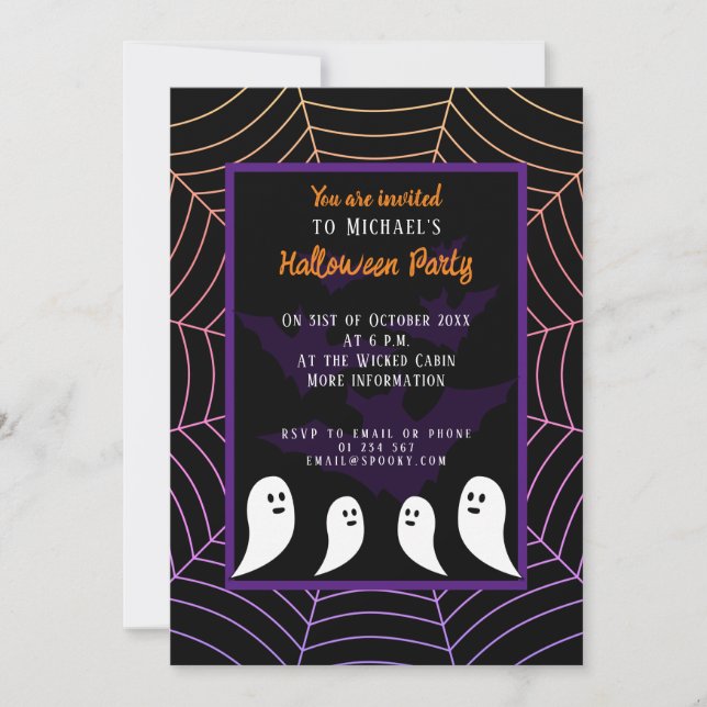 Black purple spider web Halloween ghost Invitation (Front)