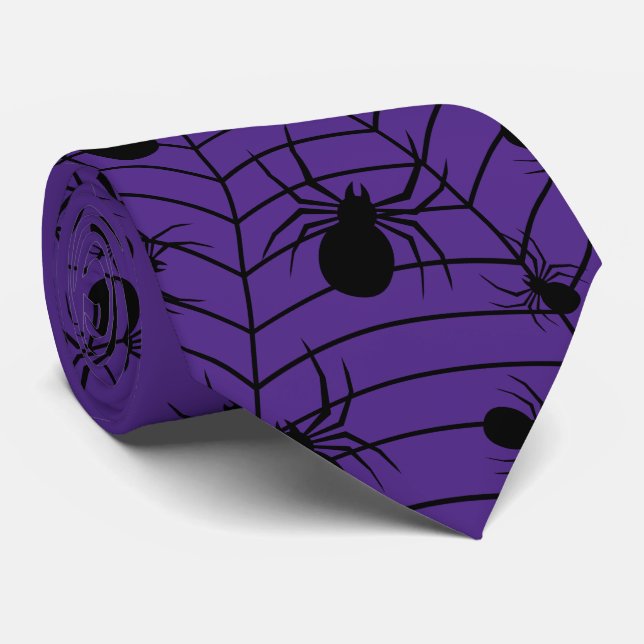 Black Purple spiders spiderweb Halloween pattern Tie (Rolled)