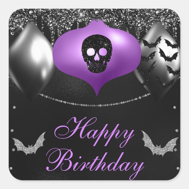 Black & Purple Spooky Ornaments Happy Birthday Square Sticker (Front)