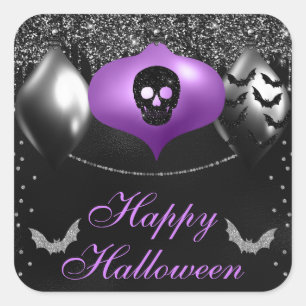 Black & Purple Spooky Ornaments Happy Halloween Square Sticker