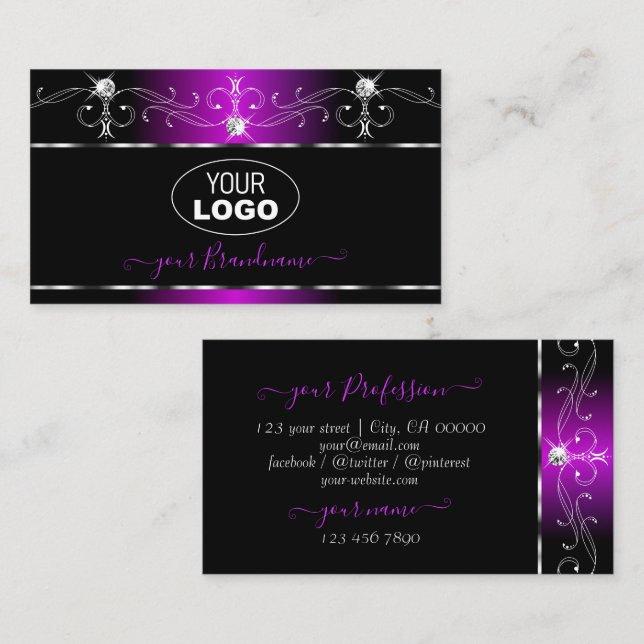 Black Purple Squiggles Sparkling Diamonds Add Logo Business Card (Front/Back)