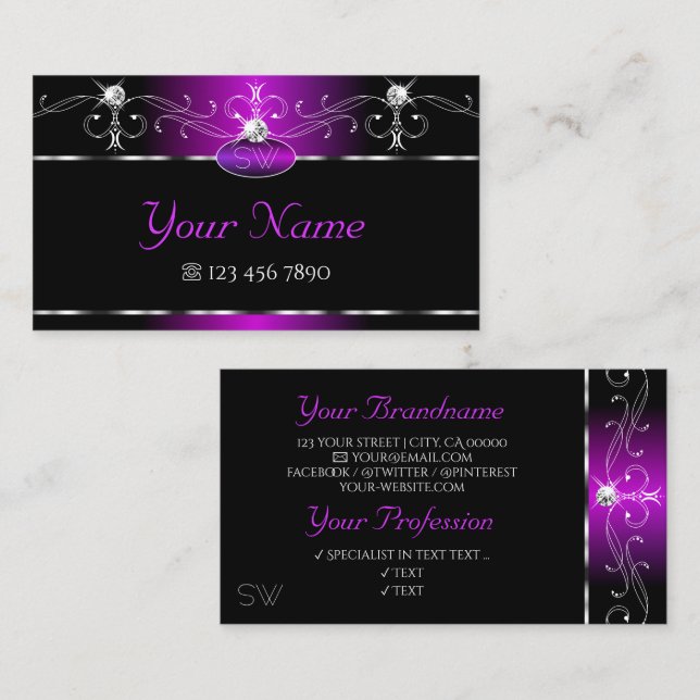 Black Purple Squiggles Sparkling Diamonds Initials Business Card (Front/Back)