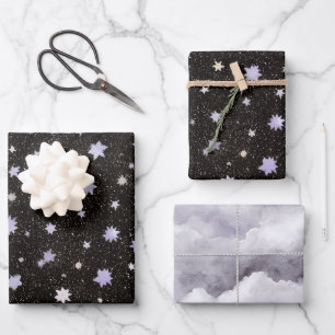 Black Purple Stars Clouds Birthday Wrapping Paper Sheet