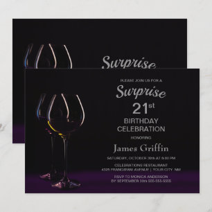 Black Purple Surprise 21st Birthday Wine Glass Invitation