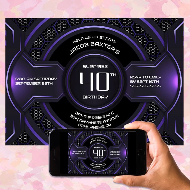 Black Purple Surprise 40th Birthday Party Invitation (Creator Uploaded)