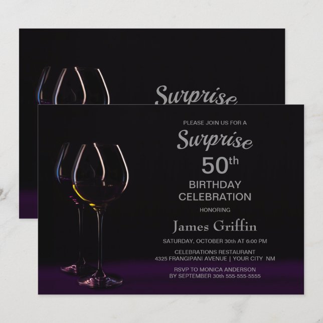 Black Purple Surprise 50th Birthday Wine Glass Invitation (Front/Back)