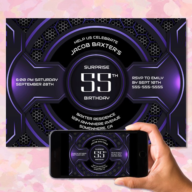 Black Purple Surprise 55th Birthday Party Invitation (Creator Uploaded)