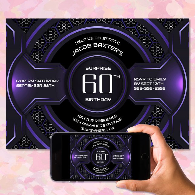 Black Purple Surprise 60th Birthday Party Invitation (Creator Uploaded)