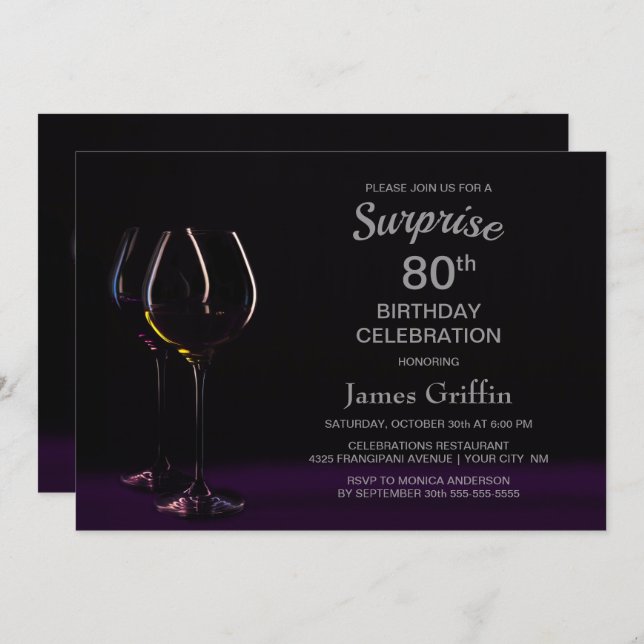 Black Purple Surprise 80th Birthday Wine Glass Invitation (Front/Back)